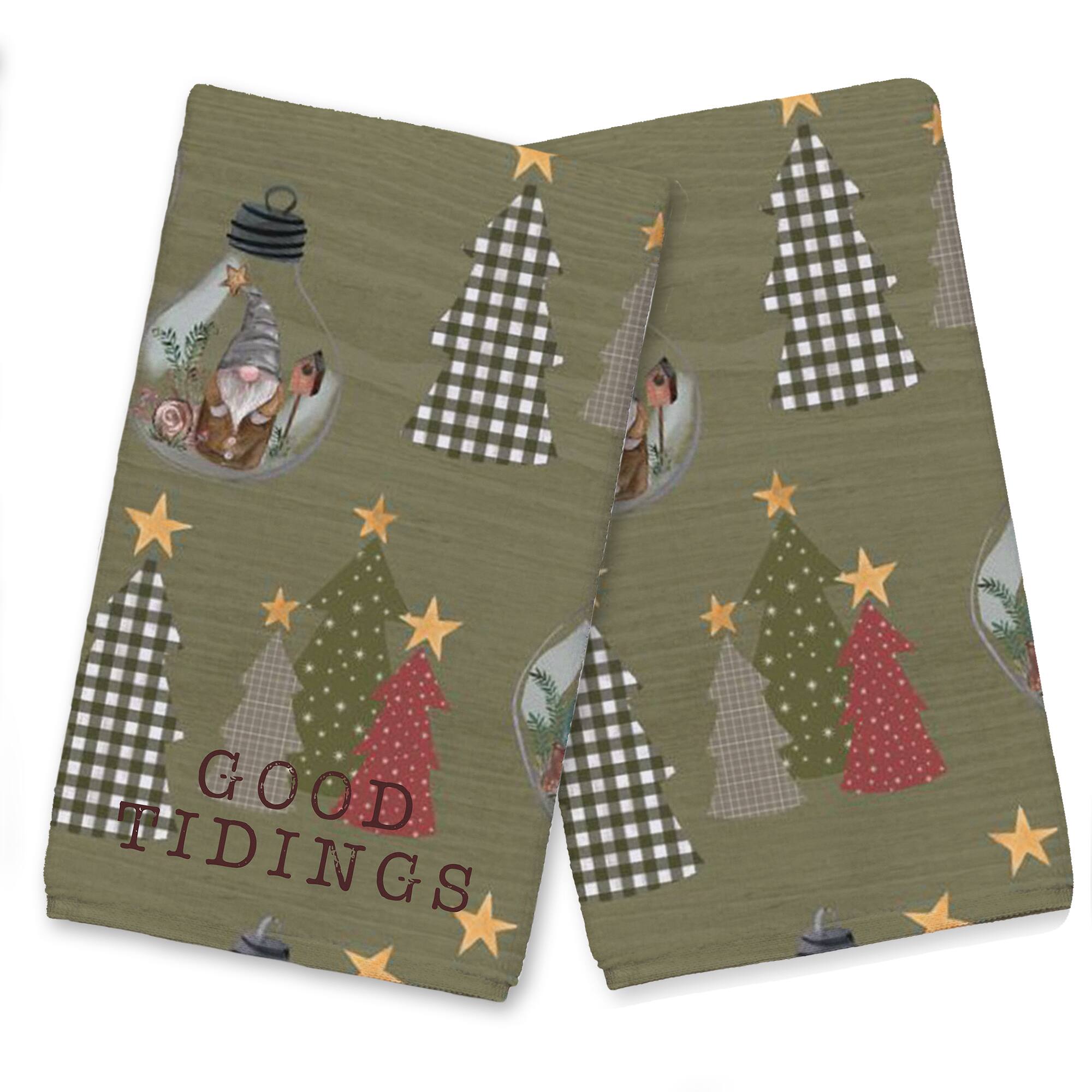 Good Tidings Green Tree & Globe Pattern Tea Towel Set